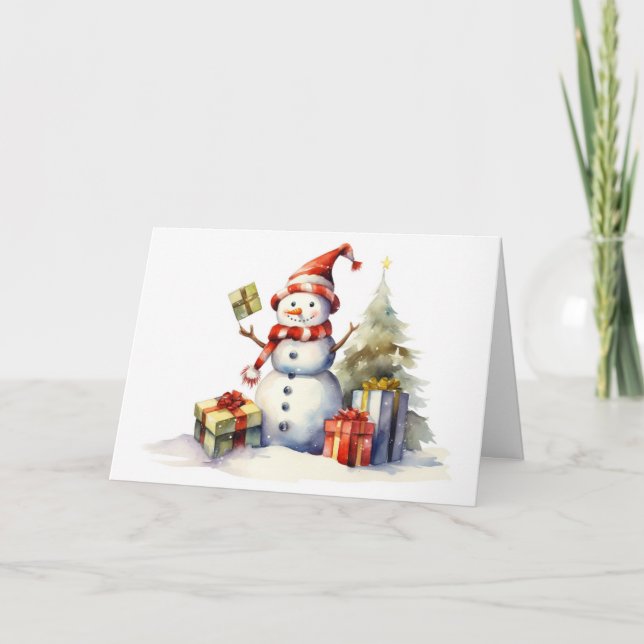 Watercolor Christmas Snowman With Gifts Holiday Card (Front)
