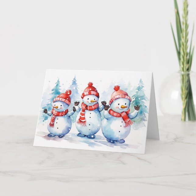 Watercolor Christmas Snowmen Holiday Card (Front)