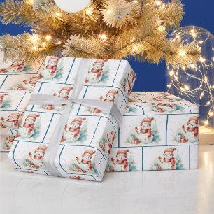 Watercolor Christmas Snowmen In Snowflakes Wrapping Paper