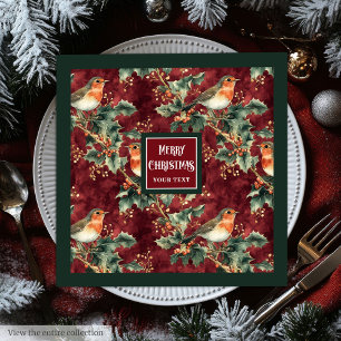 Watercolor Christmas sparrow cranberry red napkins
