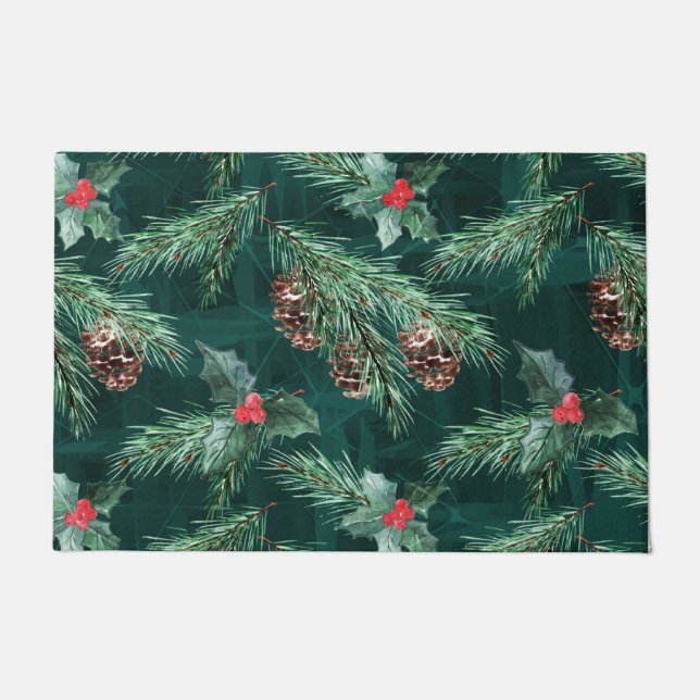 Watercolor Christmas spruce with cones  Doormat (Front)