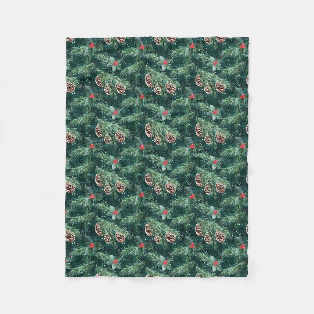 Watercolor Christmas spruce with cones Fleece Blanket (Front)