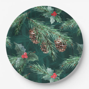 Watercolor Christmas spruce with cones Paper Plate