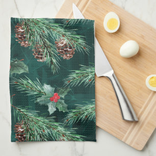 Watercolor Christmas spruce with cones Tea Towel