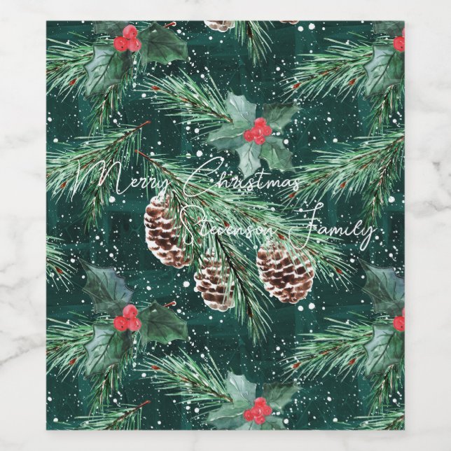 Watercolor Christmas spruce with cones Wine Label (Single Label)