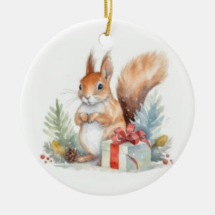 watercolor Christmas Squirrel Ceramic Ornament