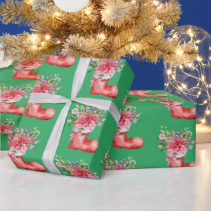 Watercolor Christmas Stocking Green Wrapping Paper