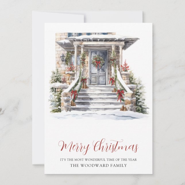 Watercolor Christmas Stone House Holiday Card (Front)