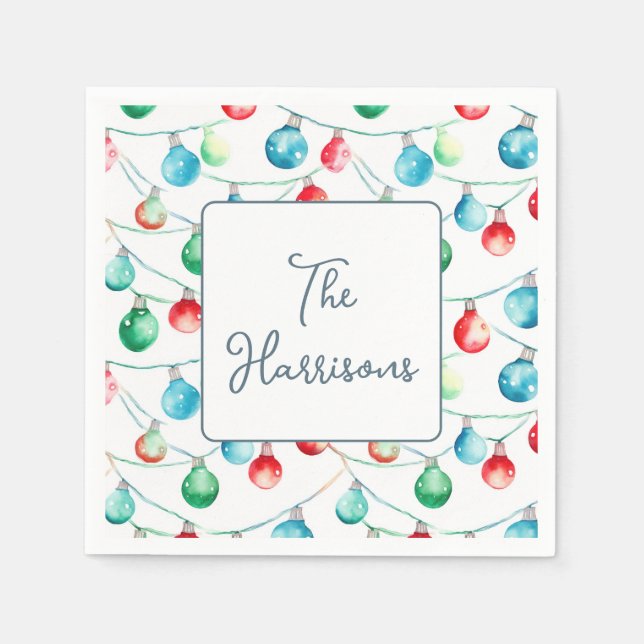 Watercolor Christmas String Lights Personalised Napkin (Front)