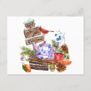 Watercolor Christmas Tea and Cake Time Postcard