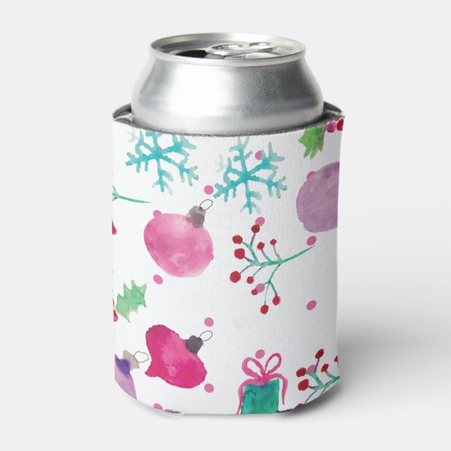 Watercolor Christmas Themed Hand Painted Pattern Can Cooler (Can Front)