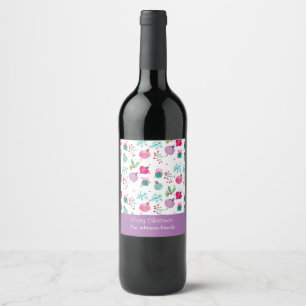 Watercolor Christmas Themed Hand Painted Pattern Wine Label