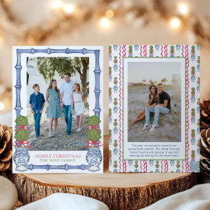 Watercolor Christmas Topiary Bamboo Photo Holiday Card