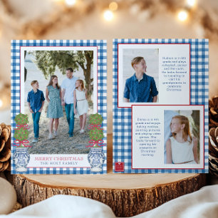 Watercolor Christmas Topiary Gingham Photo Holiday Card