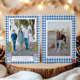Watercolor Christmas Topiary Gingham Photo Holiday Card
