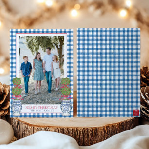 Watercolor Christmas Topiary Gingham Photo Holiday Card
