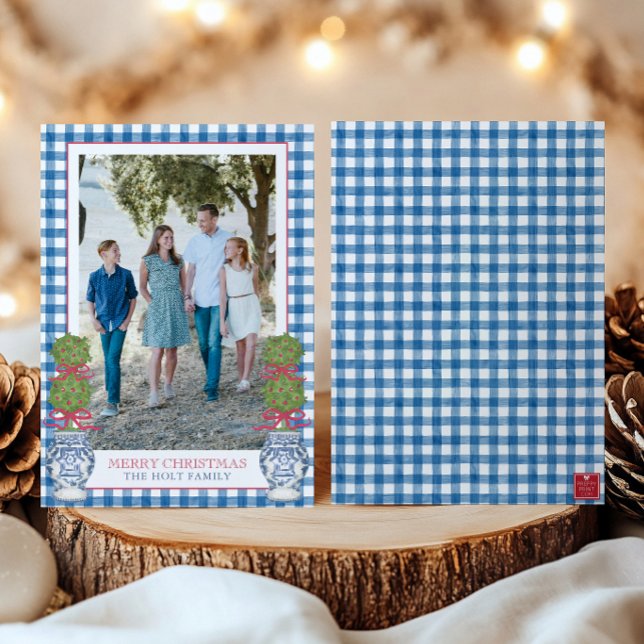 Watercolor Christmas Topiary Gingham Photo Holiday Card (Creator Uploaded)