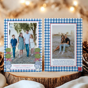 Watercolor Christmas Topiary Gingham Photo Holiday Card