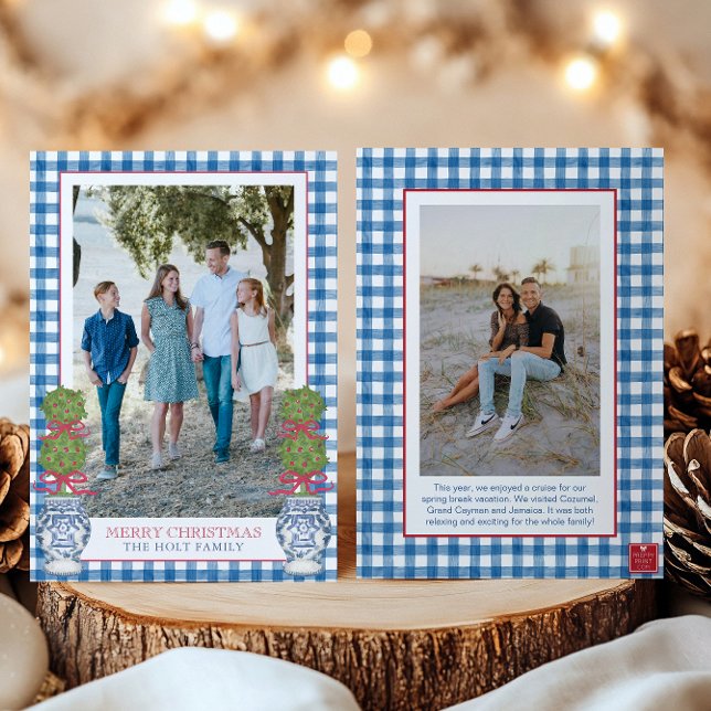 Watercolor Christmas Topiary Gingham Photo Holiday Card (Creator Uploaded)