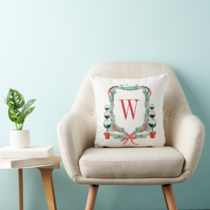 Watercolor Christmas Topiary Monogram Crest Cushion