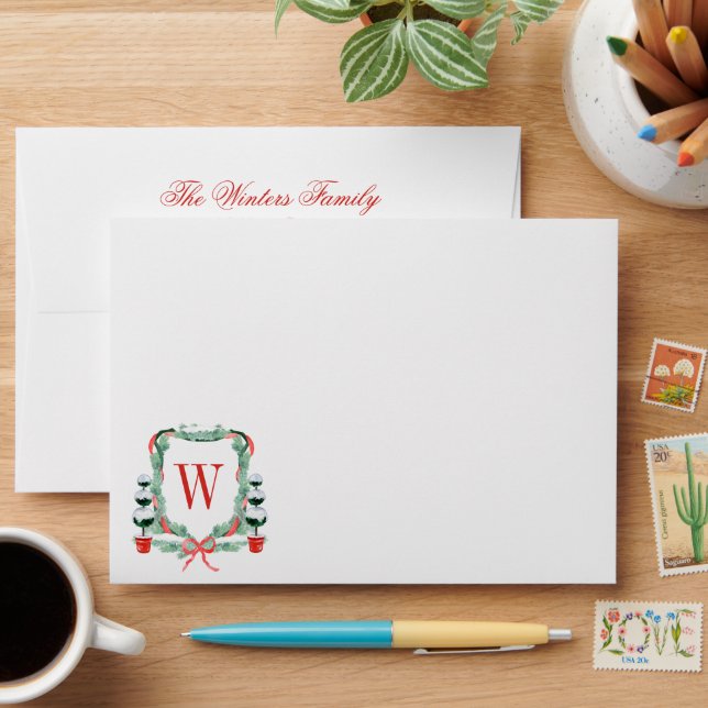 Watercolor Christmas Topiary Monogram Crest Envelope (Desk)