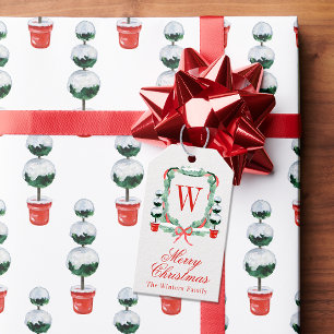 Watercolor Christmas Topiary Monogram Crest Gift Tags