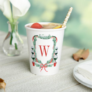 Watercolor Christmas Topiary Monogram Crest Paper Cups