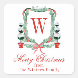 Watercolor Christmas Topiary Monogram Crest Square Sticker