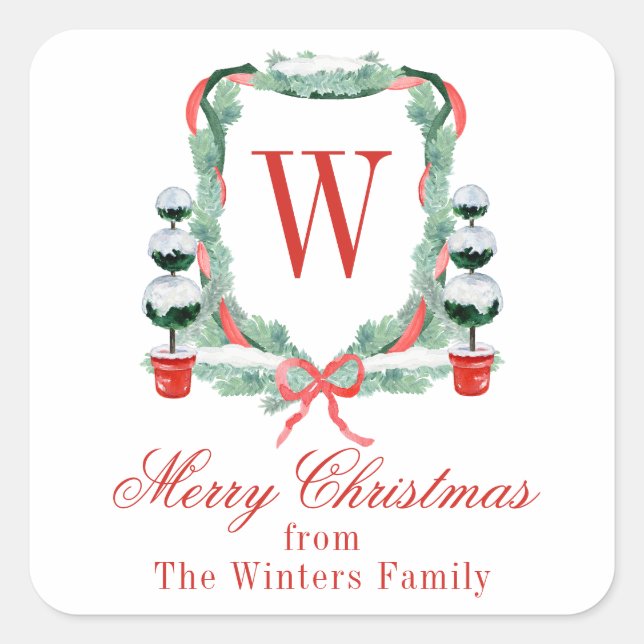 Watercolor Christmas Topiary Monogram Crest Square Sticker (Front)