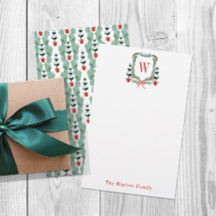 Watercolor Christmas Topiary Monogram Crest Stationery