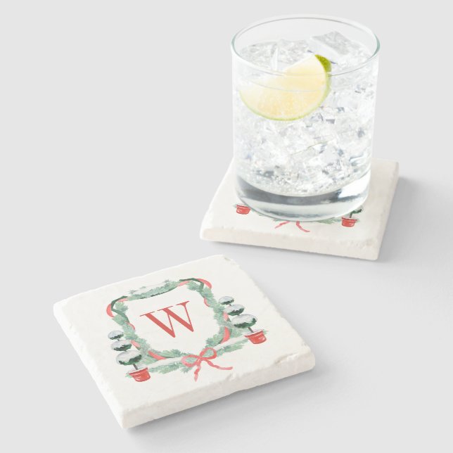 Watercolor Christmas Topiary Monogram Crest Stone Coaster (Side)