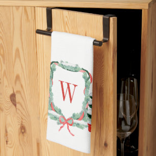 Watercolor Christmas Topiary Monogram Crest Tea Towel