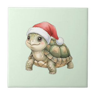 Watercolor Christmas Tortoise Santa Hat Ceramic Tile