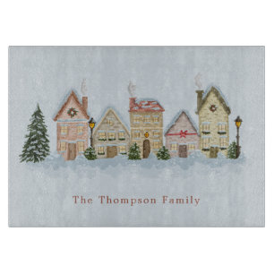 Watercolor Christmas Town Personalised Family Name Cutting Board