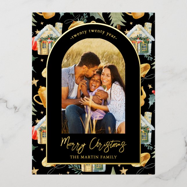 Watercolor Christmas Town Photo Black Foil Holiday Postcard (Front)