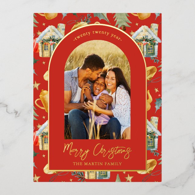 Watercolor Christmas Town Photo Red Foil Holiday Postcard (Front)