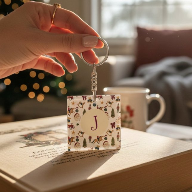 Watercolor Christmas Toys Monogram inital Key Ring (Creator Uploaded)