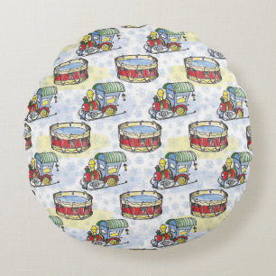 Watercolor Christmas train and drum hand drawn Round Cushion