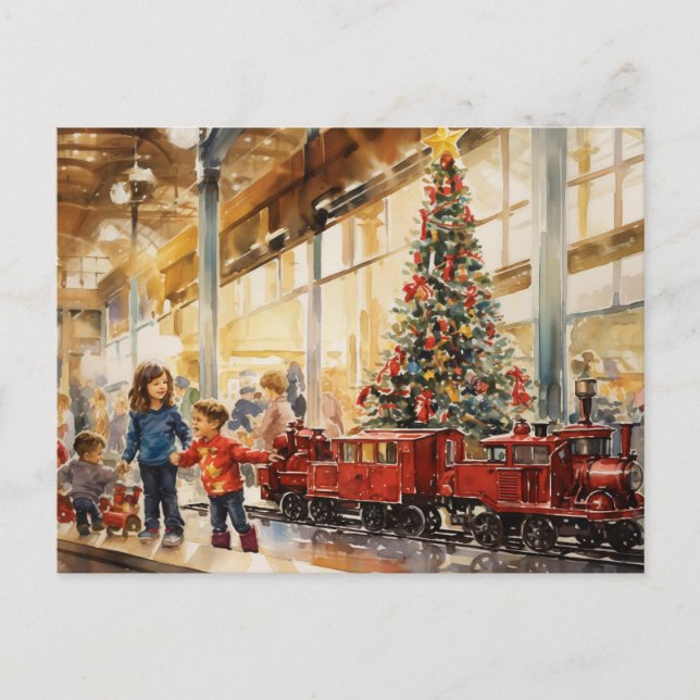 Watercolor Christmas Train Department store memory Postcard (Front)