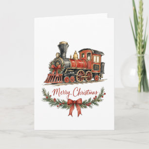 Watercolor Christmas Train with Wreath Card