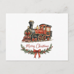 Watercolor Christmas Train with Wreath Postcard