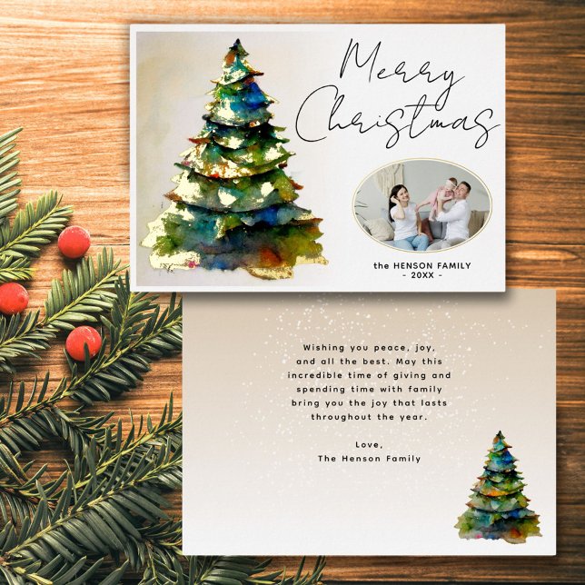 Watercolor Christmas Tree Artistic Photo Foil Card (Creator Uploaded)