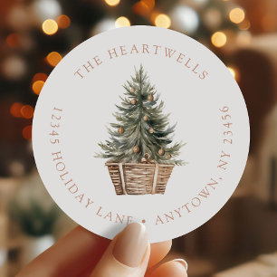 Watercolor Christmas Tree Basket Return Address Classic Round Sticker