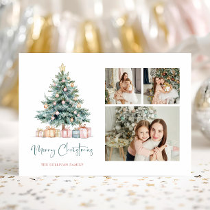 Watercolor Christmas Tree Calligraphy Three Photos Holiday Card