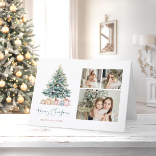 Watercolor Christmas Tree Calligraphy Three Photos Holiday Card