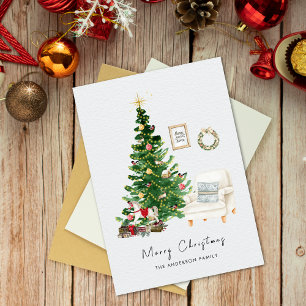 Watercolor Christmas Tree & Chair Christmas Holiday Card