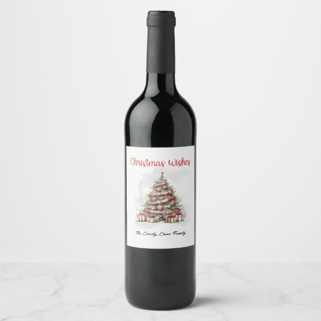 Watercolor Christmas Tree, Classic Red White Green Wine Label (Front)