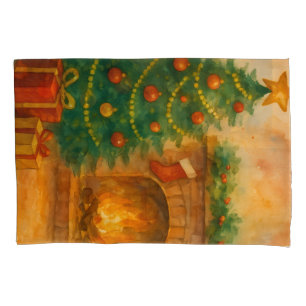 Watercolor Christmas Tree & Cozy Fireplace Holiday Pillowcase