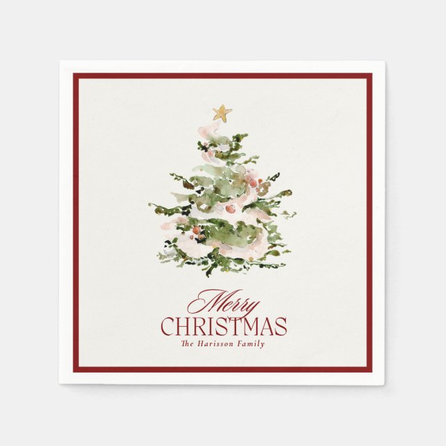Watercolor Christmas Tree Family Holiday Napkins (Front)