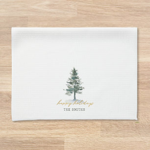 Watercolor Christmas Tree Family Name Tea Towel